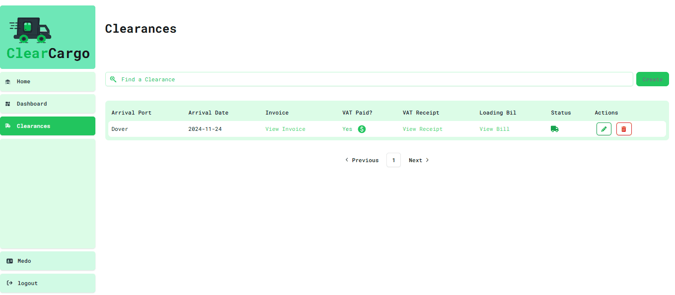Clearances page with search, create button, and a record table showing invoice, VAT, and status